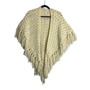 Handmade Crochet Poncho Tassel Fringe Wrap Shawl Festival Boho Cottagecore Retro